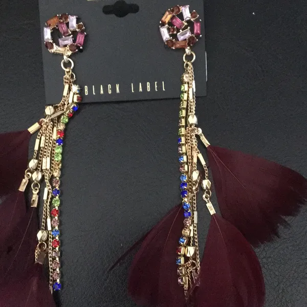 New Noir Garnet Crystals & Feathers Dangling Earrings - Image 2