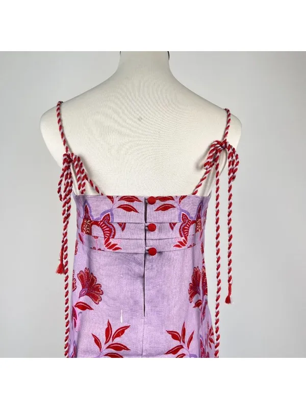 NWOT Linen Floral Tie Spaghetti Strap Pleated Layered Mini Dress Purple Size L - Image 6