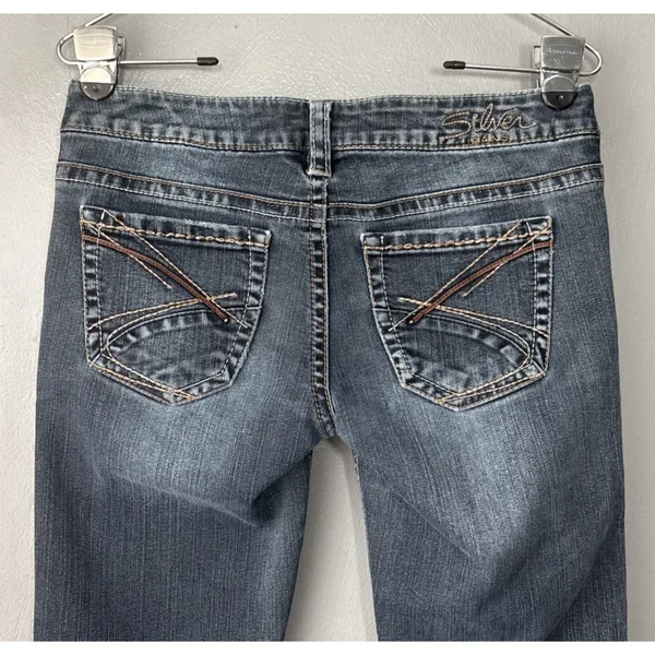 Silver Frances Jeans Size 28 33 Blue Denim Embroidered Pockets Bootcut Low Rise - Image 4