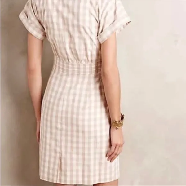 Anthropologie HD in Paris Gingham Print Short Sleeve‎ Belted Dress in Tan Size 4 - Image 9