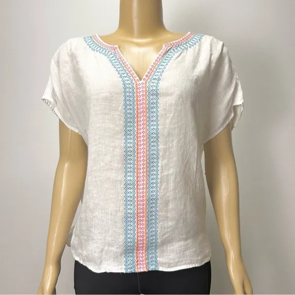 House of Harlow 1960 Womens White 100% Linen Embroidered V-Neck Top Size M‎ - Image 6