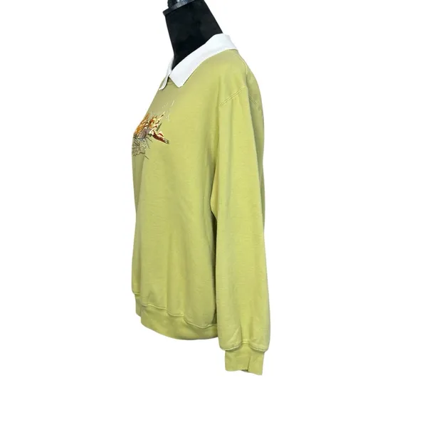 Vtg Green Collared Sweatshirt Autumn Embroidered Landscape Size XL Grannycore - Image 3