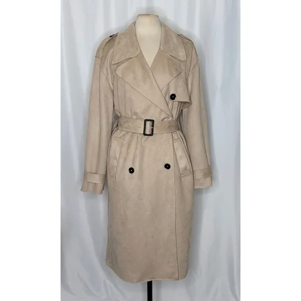 ZARA Faux Suede Trench Coat Belted Jacket Solid Tan Brown Pockets Outdoors Large - Image 2