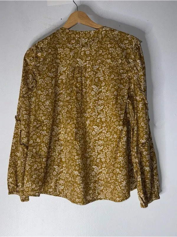 J CREW‎ Yellow Floral Puff-Sleeve Ruffle Peasant Blouse Medium AE263 - Image 2