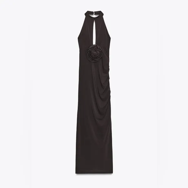 NWT Zara Halter Slit Long Dress With Flower Chocolate Brown Color Size S/XS - Image 6