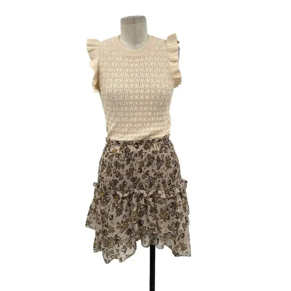 Anthropologie Current Air Dress Mini Sweater Ruffle Crewneck‎ Beige Size Small - Image 3