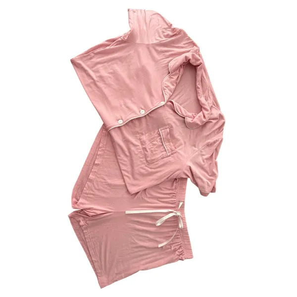Women's Pink Pajama Lounge Set Medium Soft Button Front Sleepwear Shorts - Image 14