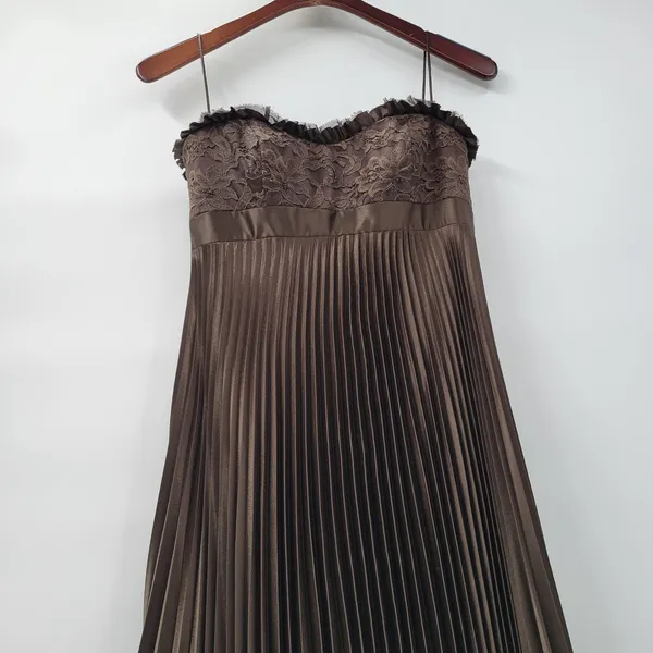 Badgley Mischka Evening Gown Dress Size 8 Brown Pleated Empire Waist Lace Bodice - Image 6