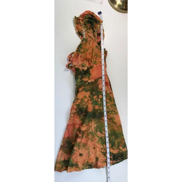 Urban Outfitters‎ Orange Green Floral Mesh Mini Dress Smocked Boho Ruffle Med - Image 10