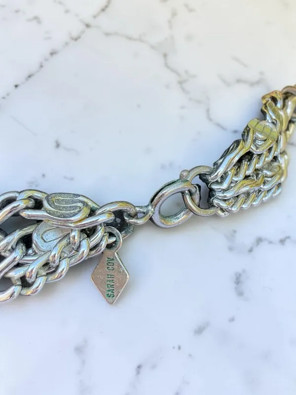Sarah Coventry Vintage Silver Layered‎ Chain Necklace Bracelet Set Logo S Links - Image 4