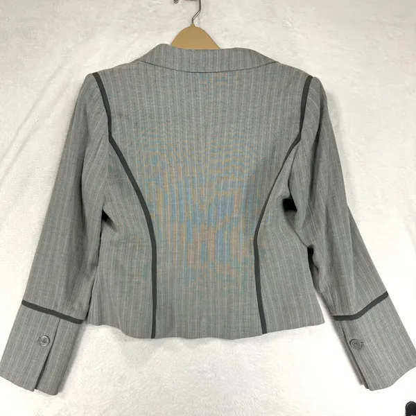 Jessica McClintock 8 Pinstripe Grey Blazer Black Trim Tailored Office Career Y2K - Image 7