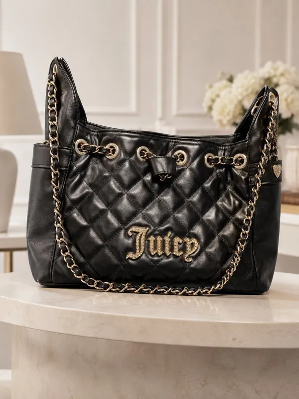 Juicy Couture Black Quilted Shoulder Tote Gold Chain Logo Purse NWT - Image 7