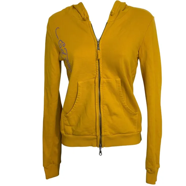 ED HARDY Rare Vintage Y2K Yellow Rhinestone Cross Heart Graphic Zip Up Hoodie XS - Image 3