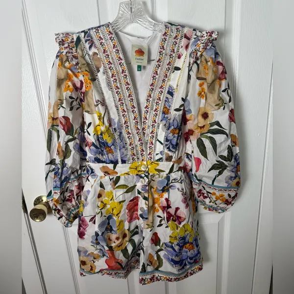 Farm Rio Greek Garden Long Sleeve Plunge Neck Cotton Romper XS - Image 2