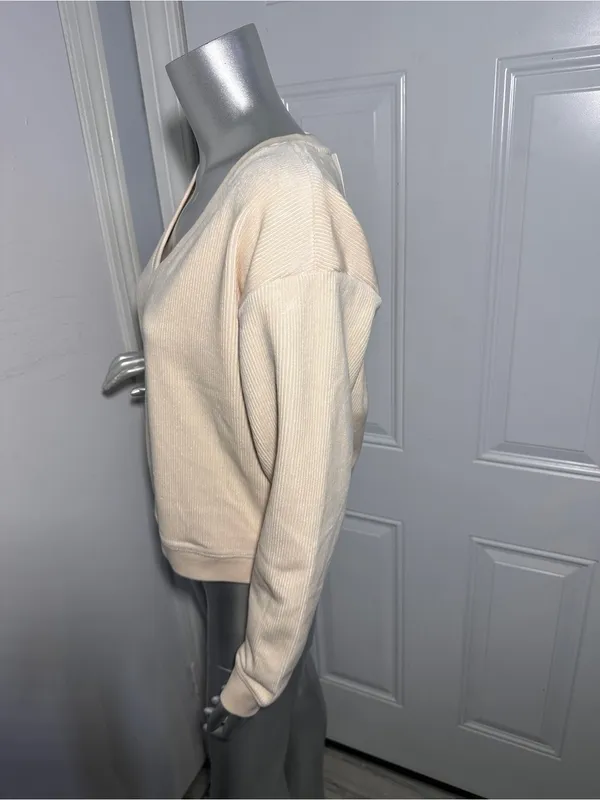Marine Layer New Women's Top Small Rib Velour Corduroy V Neck Sweatshirt Cream - Image 6