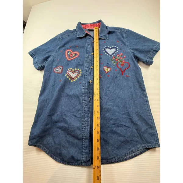 Bobbie Brooks Womens Denim Heart Embroidered Short Sleeve Button Down Shirt - Image 3