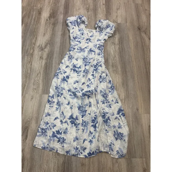 & Other Stories Blue White Floral Toile Linen Puff Sleeve Midi Dress Size 6 - Image 2