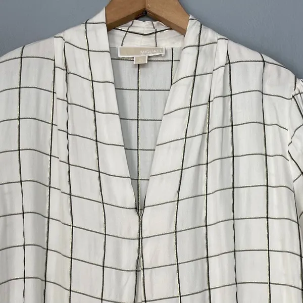 Michael Kors Shirt Size XL Ivory Windowpane Plaid White Metallic Gold Popover - Image 3