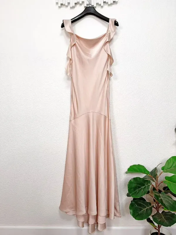 Lulus Meadow Ruffled Shoulder Satin Maxi Gown Dress in Blush Pink Bridesmaid - Image 2