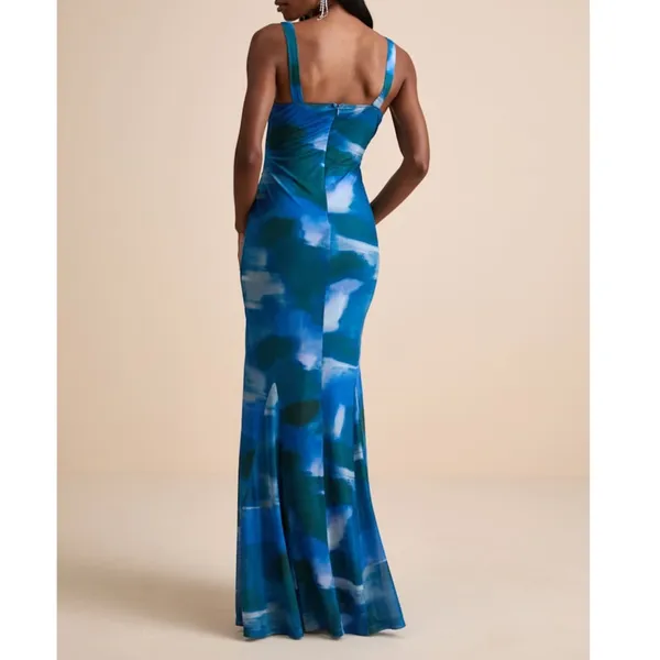 NEW Lulus Zemina Blue Abstract Godet Watercolor Pleated Mermaid Maxi Dress Small - Image 3