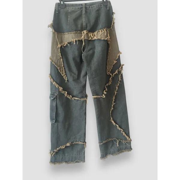 Romwe Punk Star Pattern Raw Trim Flap Pocket Cargo Boyfriend Jeans Denim Small - Image 7