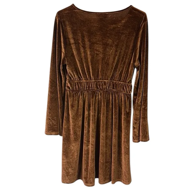 Luukse Brown Boho Velour Embroidered Tie Neck Tassel Mini Midi Dress Medium - Image 7