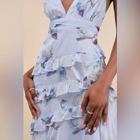 NEW Lulus Saveria Light Blue Floral Ruffle Asymmetrical Maxi Dress XS Party - Image 5