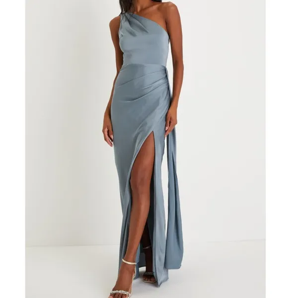 NEW Lulus Signature Elegance Slate Blue Satin One-Shoulder Pleated Maxi Dress 1X - Image 4