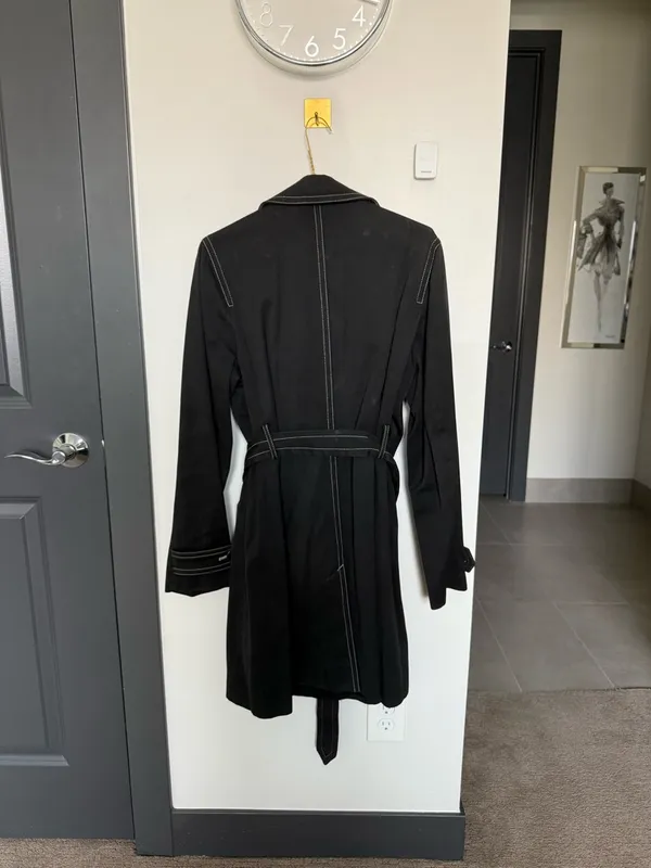 Vintage Banana Republic Black Cotton Trench Coat Contrast Stitch Belted L - Image 13