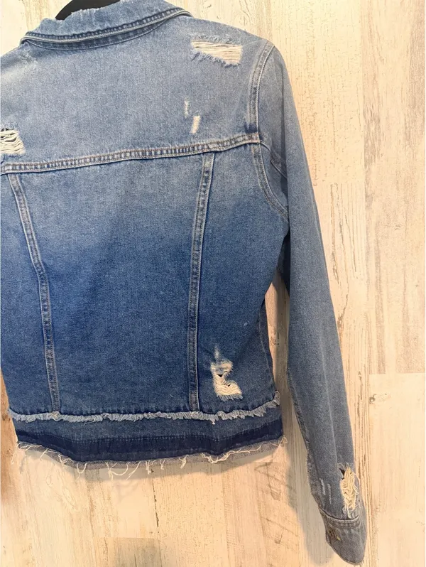 Sneak Peek Women’s Small Distressed Denim Jacket Raw Hem Patchwork Jean Jacket Blue - Image 11