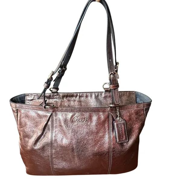 Coach Tote Bag Womens Large Bronze Metallic Leather Zip Shoulder Purse Charm - Image 12