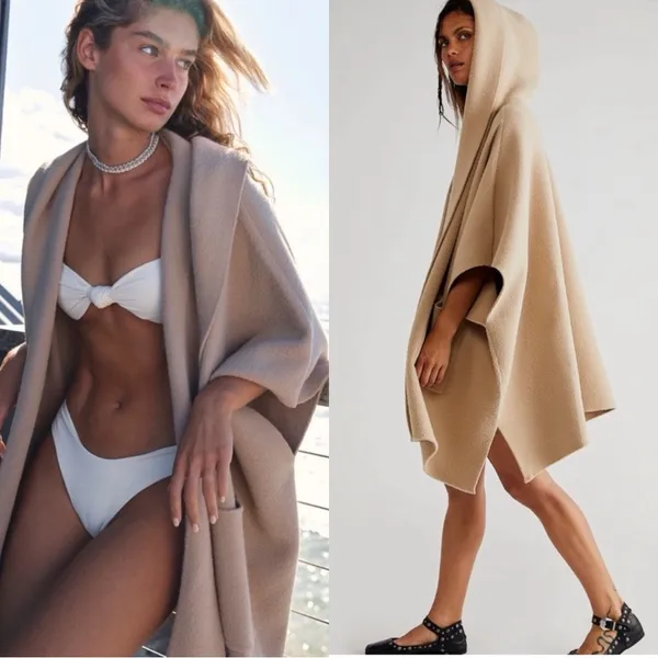 FREE PEOPLE All I Need Cozy Duster Beige Cape Kimono Hood Sweater Cardigan - Image 4