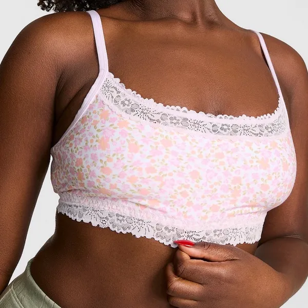 💐VS PINK Cotton Lace Trim Bralette & Cotton Cheeky Panty Petite Lilac Floral M - Image 9