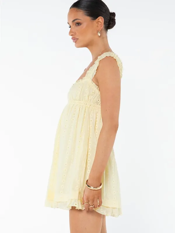 Altar'd State Pale Yellow Eyelet Ruffle Mini Dress - Image 2