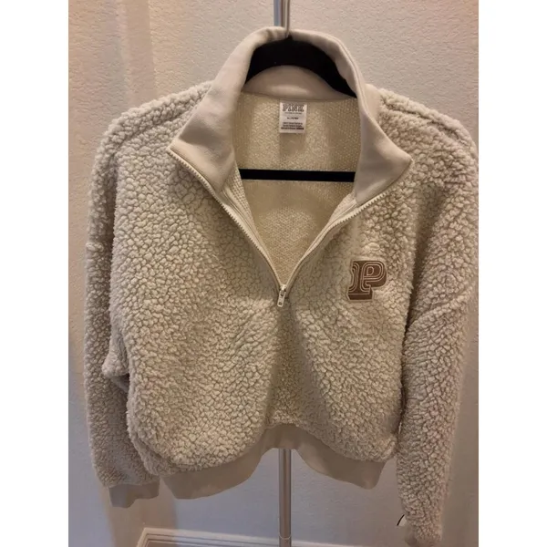 Victoria's Secret PINK Size M Cream/Ivory Sherpa 1/4 Zip Fleece Pullover - Image 2