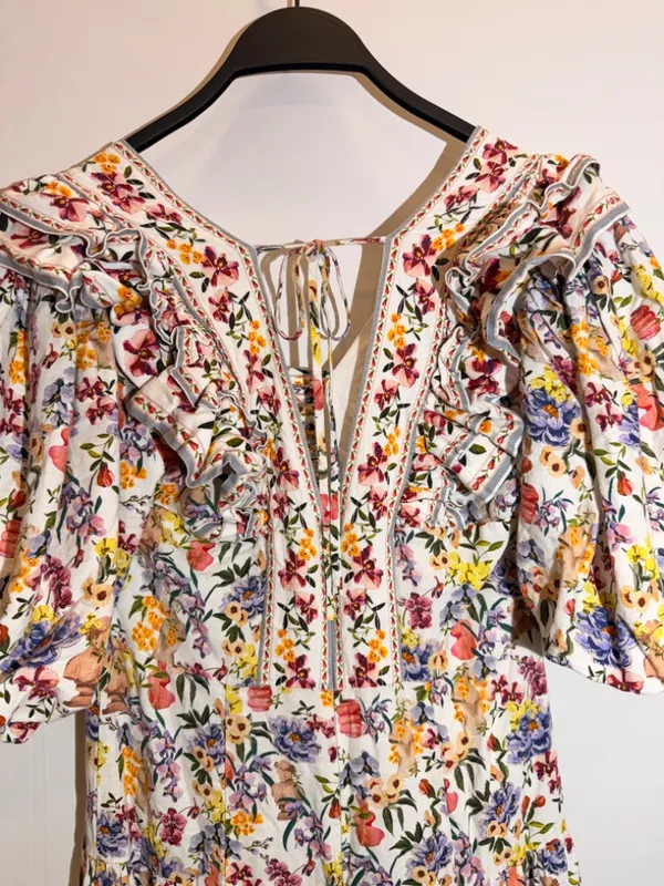 Farm Rio Greek Garden Floral Linen Blend Ruffle Tie Back Mini Dress Size M - Image 4