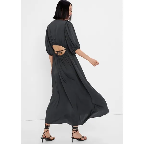 Gap Womens Black Satin Open Back V-Neck Puff Sleeve Maxi Dress Tie‎ Back - Image 3