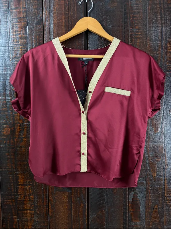 INC Burgundy Satin Blouse Pajama Top XS - Image 4