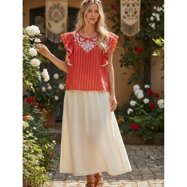 THML Embroidered Ruffle Top Women's Size M Boho Blouse‎ - Image 8