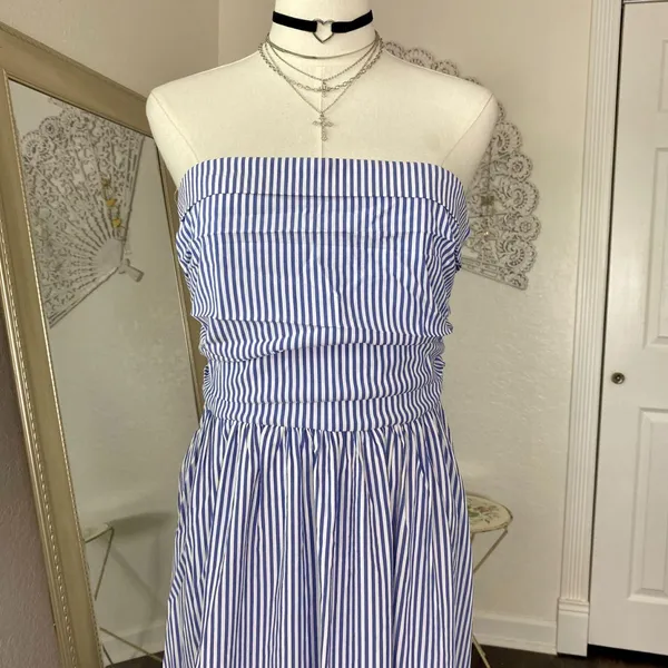 Source Unknown New Casual Blue White Striped Strapless Bandeau Midi Dress L - Image 2
