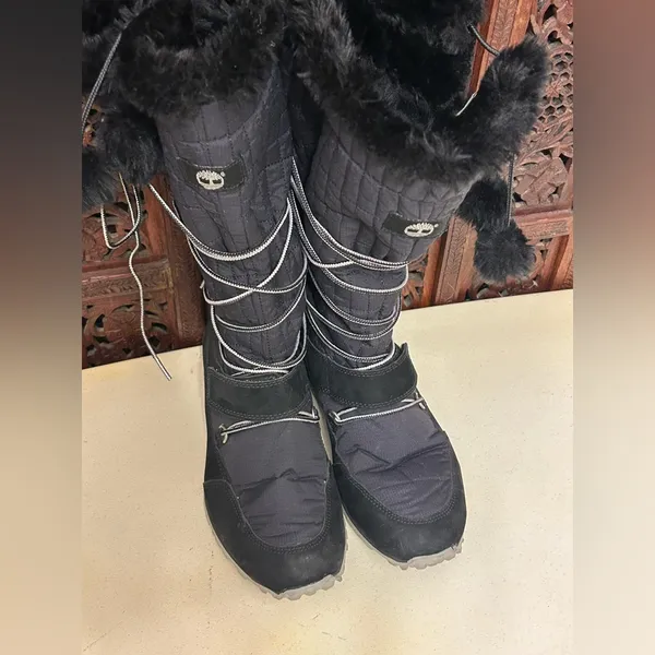 Timberland Boots Womens 8 Black Knee High Pom Pom Lace Up Winter Snow - Image 2