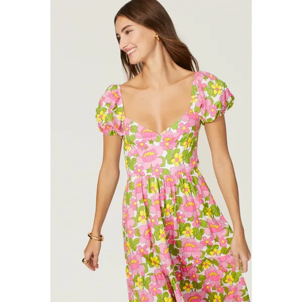 Show Me Your MuMu Cathy Pink Retro Floral Sweetheart Tie Back Puff Maxi Dress M - Image 4