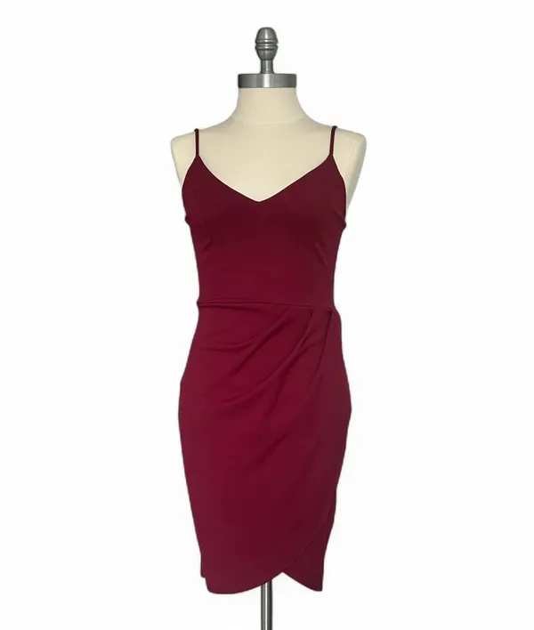 Lulus Forever Your Girl Sz S Wine Red Bodycon Mini Strappy Wrap Dress - Image 3
