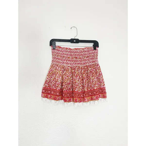 Poupette St Barth Galia Smocked Mini Skirt Size XS Pink Mistral Floral Boho - Image 4