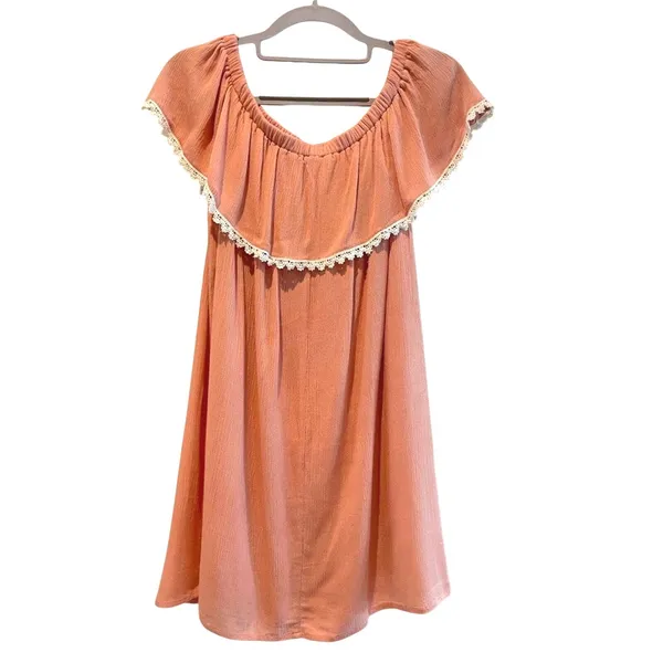 Papaya Watermelon Peach Top Boho Ruffle‎ Off Shoulder Lace Trim Womens S - Image 2