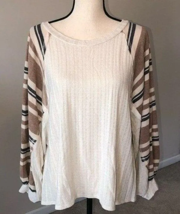 143 Story Womens Size Medium Knit Top Mixed Media Balloon Sleeve Sweater Top - Image 2