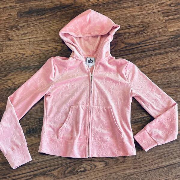 Juicy Couture Logo Embossed Pink Velour Tracksuit with Hoodie Top Small Bottom M - Image 3