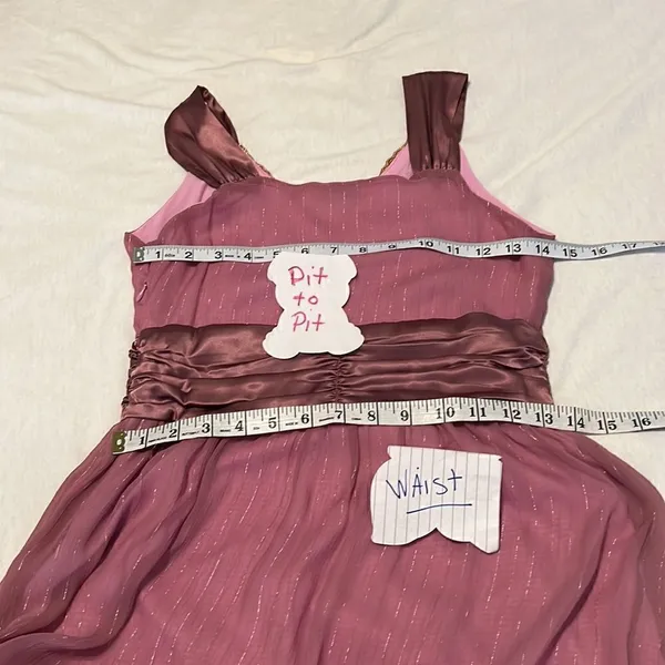 Star Model size small purple mini dress with gold accents and satin ribbon GUC - Image 9