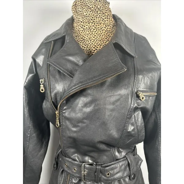 Boutique Europa Womens Leather Jacket Coat Black Moto‎ Biker Zip Belt 90s - Image 3