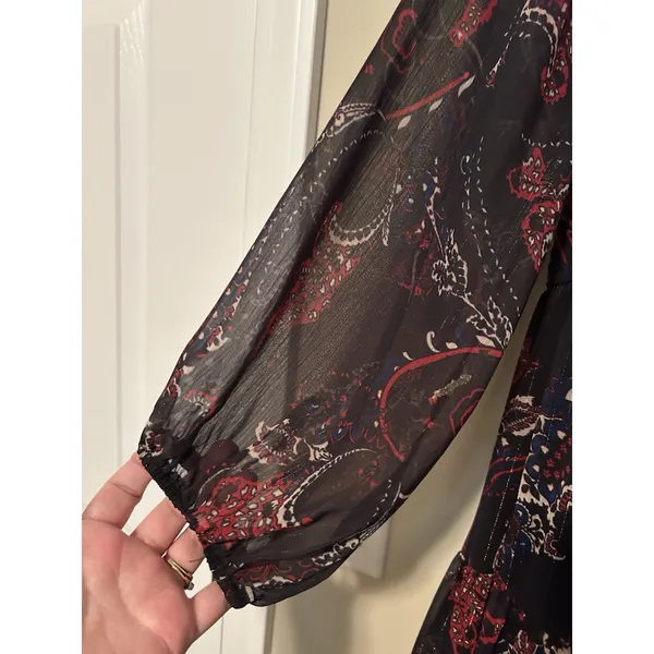 REBA | Black Paisley Print Midi Dress Sheer Sleeves Metallic Detail | Size L - Image 4